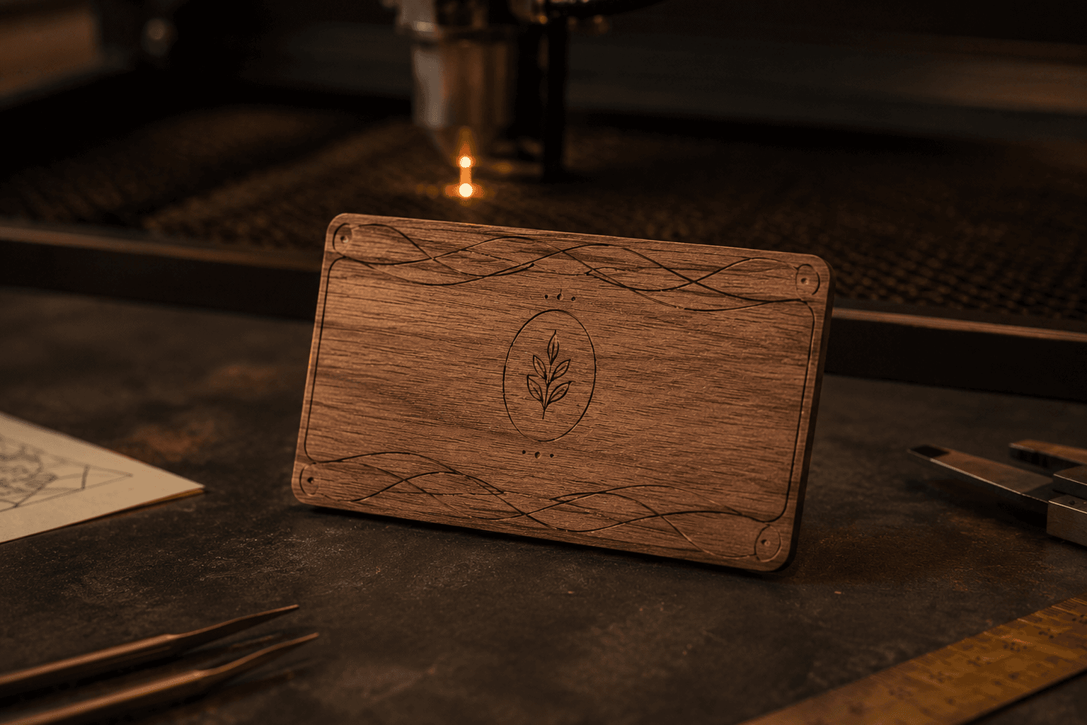 Concept image of a premium engraved wooden keepsake with warm grain and etched details.