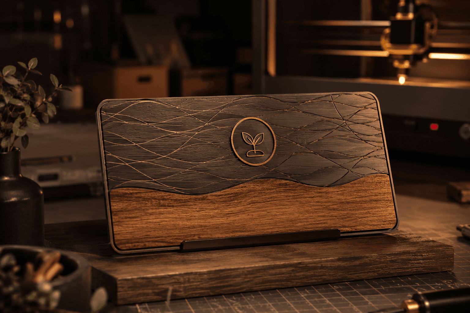 Concept image of a small premium sign in wood and metal, suitable for a boutique or studio.