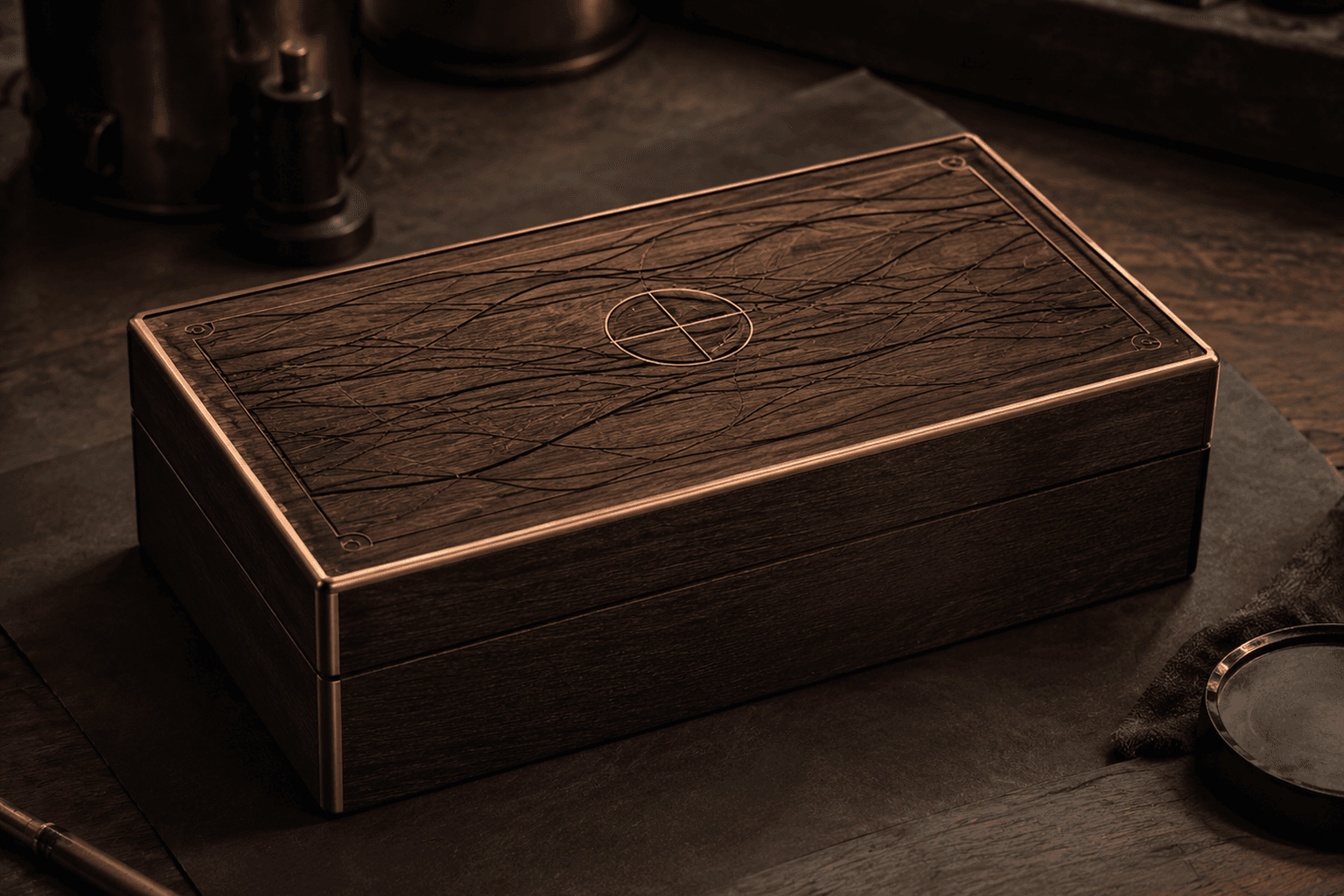 Concept image of a refined gift box with copper edges and parchment surfaces.