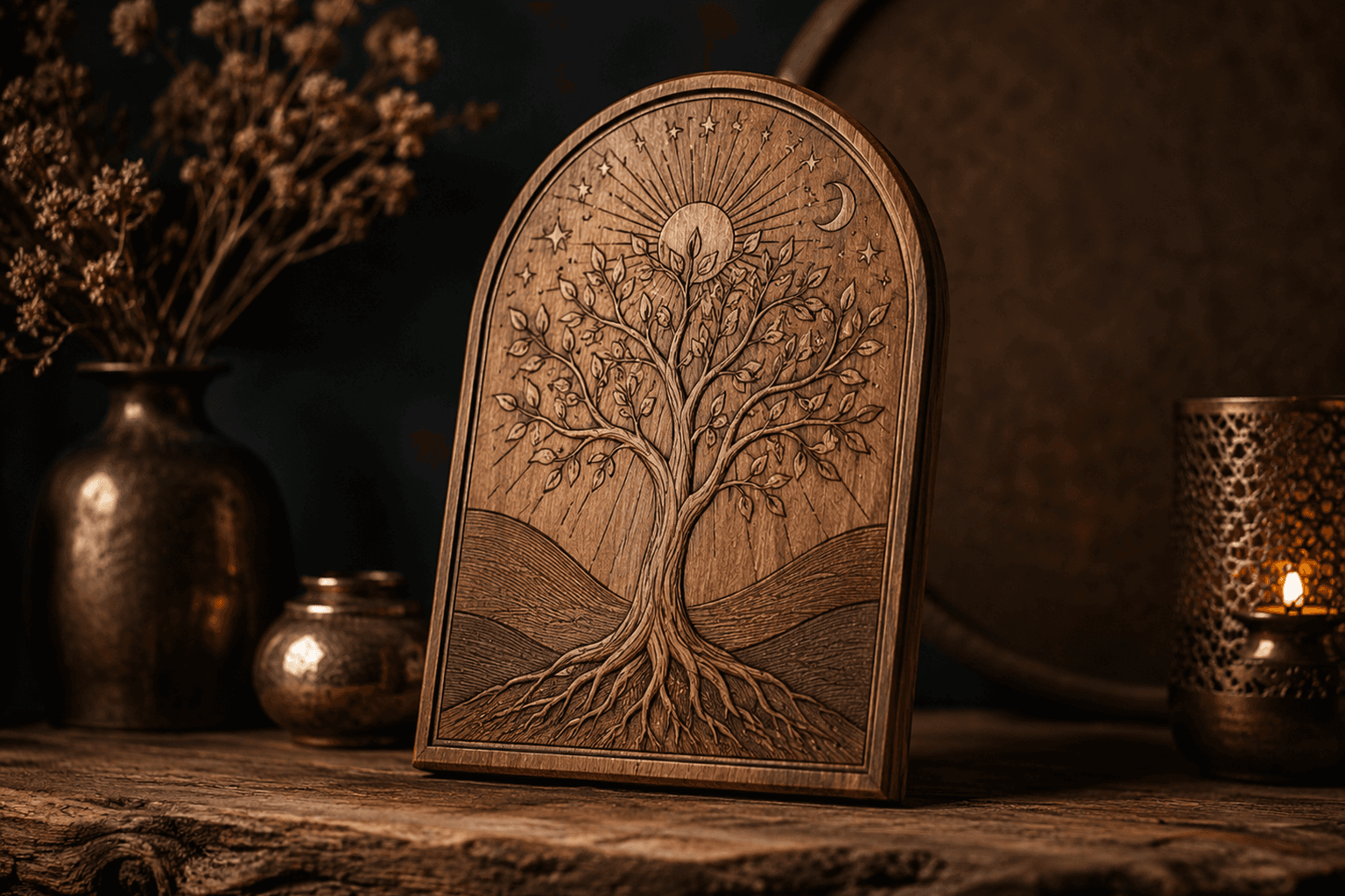Concept image of a decorative crafted home object with subtle symbolic engraving.