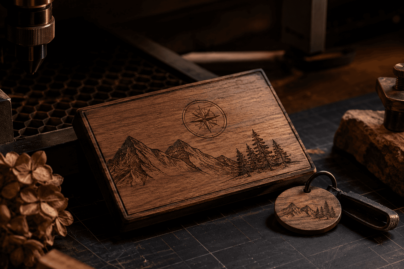 Example image of a small engraved keepsake in warm wood, with an intimate crafted mood.