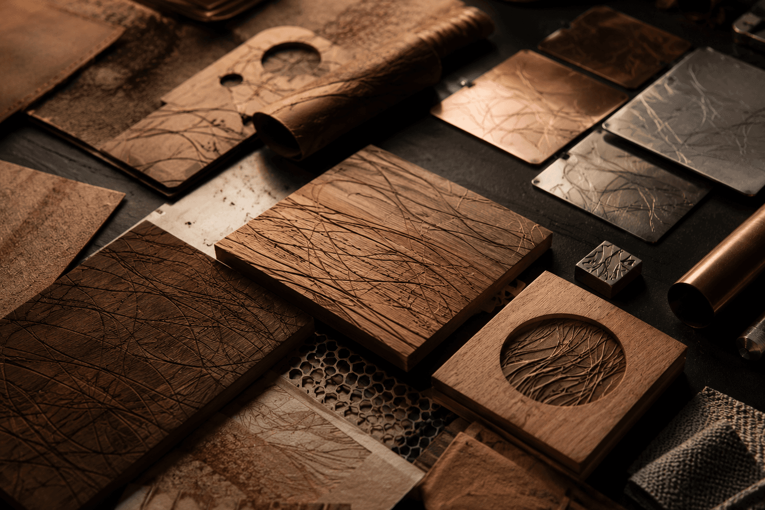 Example image of material studies: wood, metal, and parchment surfaces under warm light.