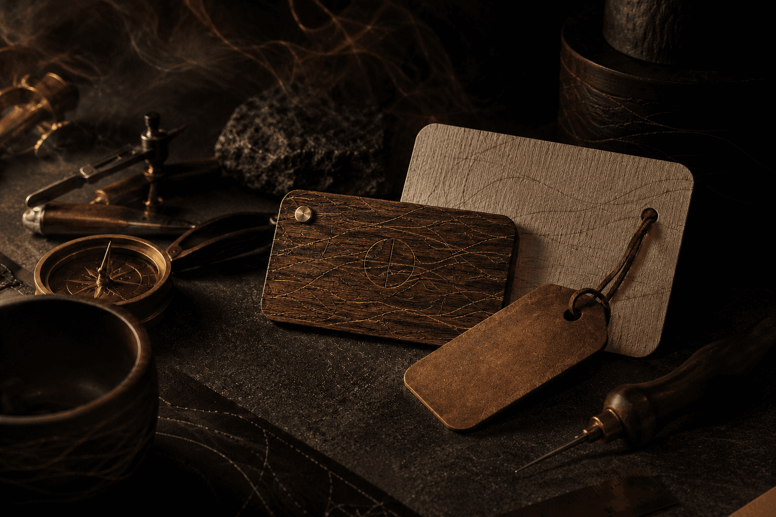 Atelier still life with an engraved wooden piece, copper details, and warm cinematic light.
